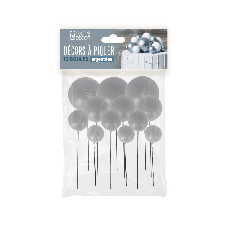 CAKE TOPPER BOULES ARGENTEES NACRÉES 4 DIAM : 2CM, 2,5CM, 3CM ET 4CM PAQUET DE 12 PCS