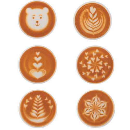 087007 PCB ROUND MARSHMALLOW COFFEE LATTE 6 DESIGNS Ø 4CM 120PCES ***S/CDE***