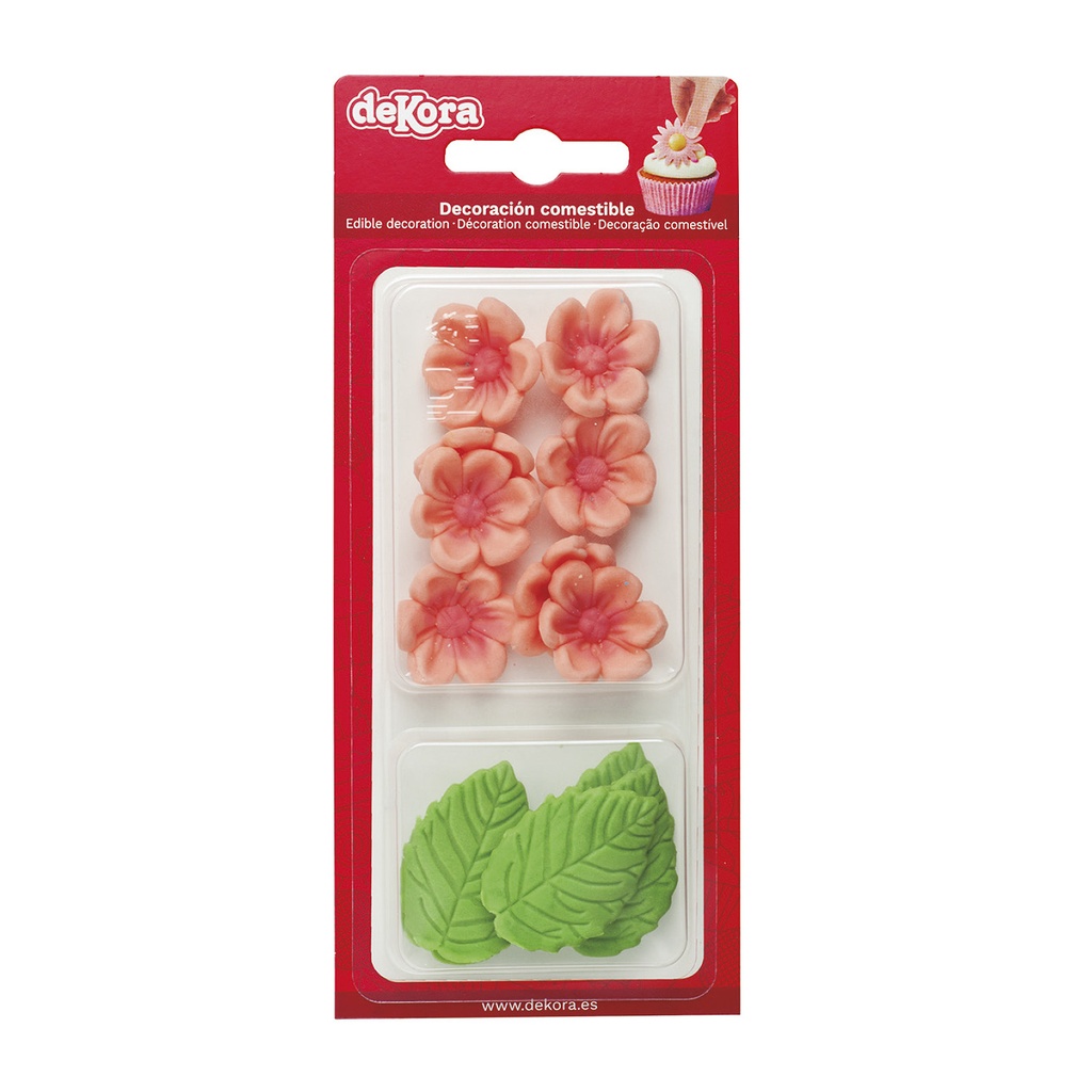 8 ROZE BLOEMEN EN 5 GROENE BLADEREN IN SUIKER