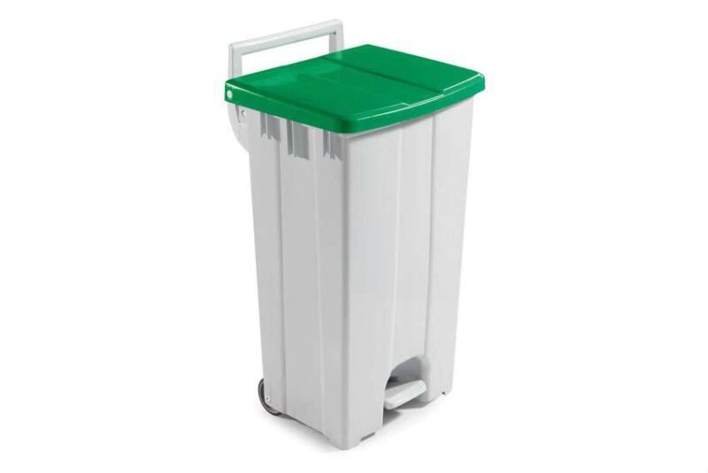 POUBELLE AVEC COUVERCLE VERT-90L A/PEDALE+2 ROUES