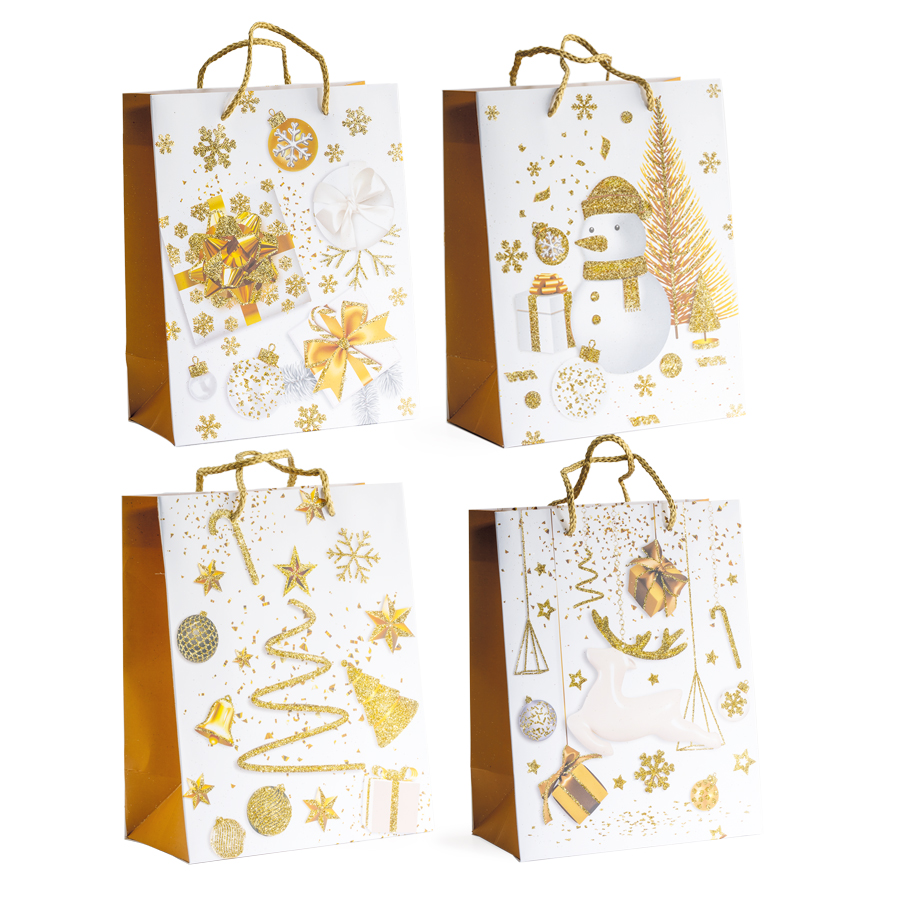 PAPER BAG WITH HANDLE "CHRISTMAS THEME" WHITE & GOLD 4ASS 26X12H32CM