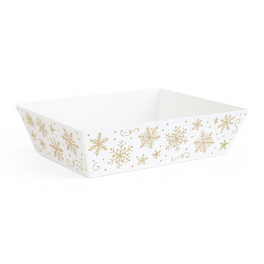 RECTANGULAR BASKET GOLD AND WHITE SNOWFLAKE 28 X 19CM