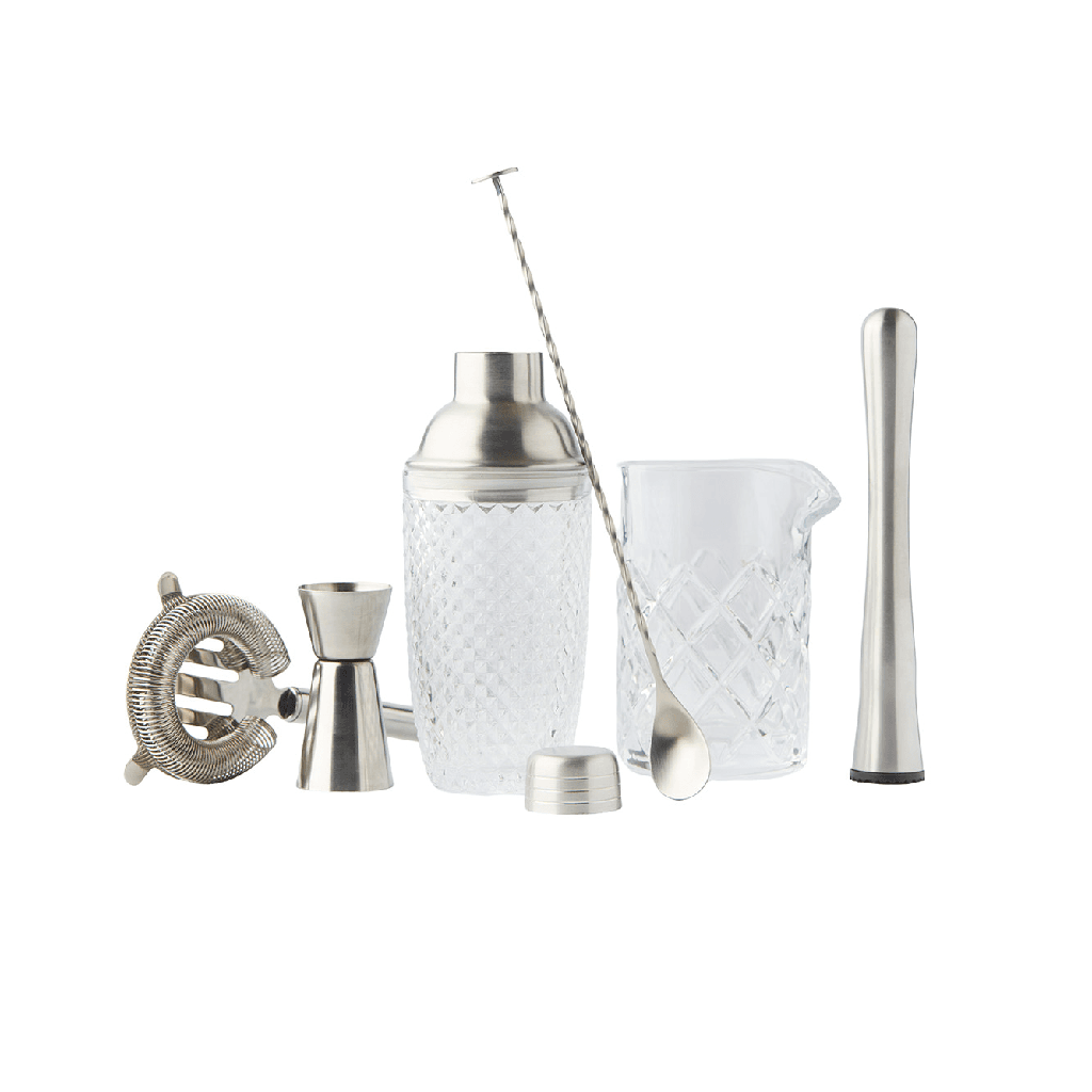 POINT VIRGULE SET COCKTAIL 6P - SHAKER VERRE-CUILLERE-PASSOIRE-DOSEUR-PILON-MESURE VERRE