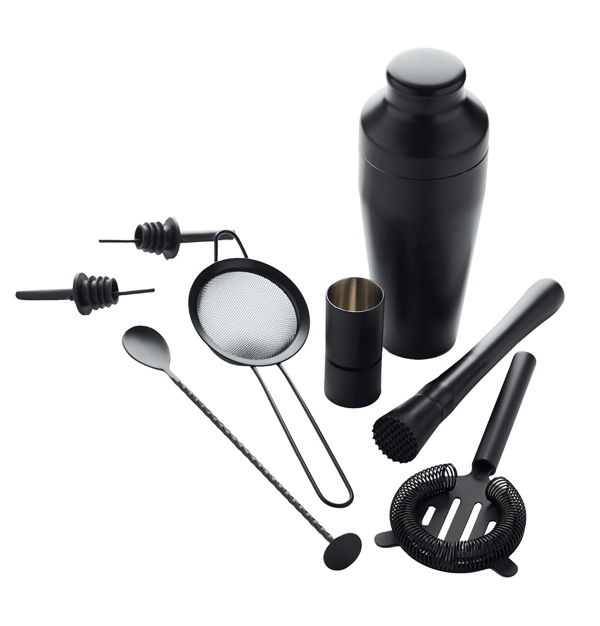 POINT VIRGULE SET COCKTAIL NOIR 8P - SHAKER-CUILLERE-PASSOIRE COCKTAIL-DOSEUR-PILON-SET DE 2 DOSEURS-PASSOIRE
