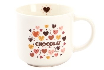 MUG CREME AVEC COEURS "CHOCOLAT" 210ML DIAM 8CM HT 7.5CM