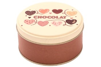 BOITE A BISCUIT EN METAL CREME + COEURS "CHOCOLAT" DIAM 10CM HT 5 CM