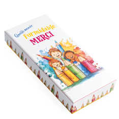 BOITE BLANCHE RECTANGULAIRE EN CARTON MOTIF CRAYONS/ENFANTS 2ASS. 17x8CM HT 3CM