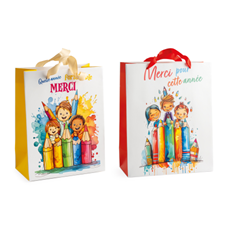CARDBOARD BAG WITH SATIN HANDLES PENCIL/CHILD PATTERN 2 ASSORTED 18x8CM H22CM