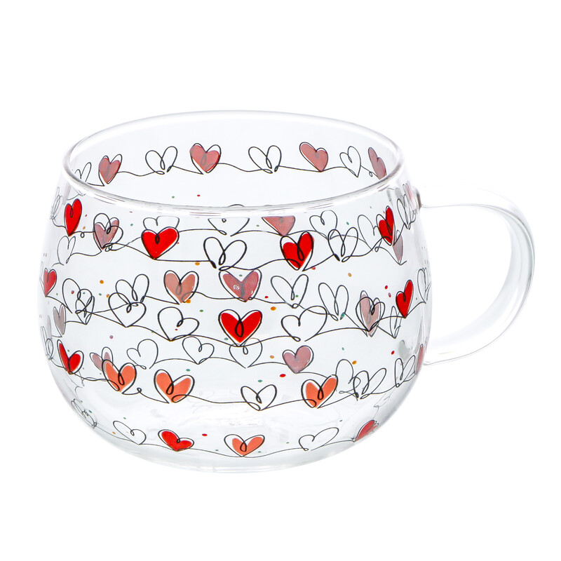 TASSE EN VERRE AVEC COEURS 130 X 100MM HT 72MM 420ML 
