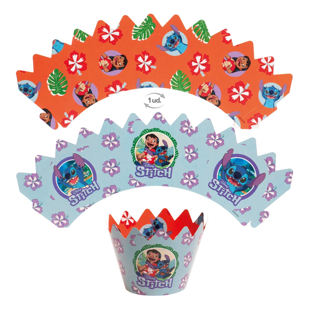 KIT CAISSETTES CUPCAKES STITCH 12 PCS 5CM HT 6,5CM + 6 PICS REVERSIBLES 7CM HT 8CM