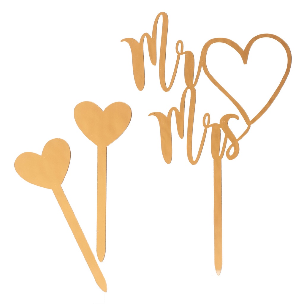 GOLD CAKE TOPPERS "MR/MRS" 10 x 16CM AND 2 HEARTS 2 x 7CM SET OF 2PCS