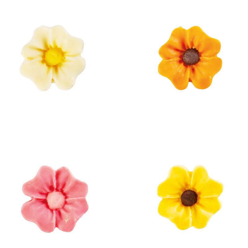1034374 2D FLOWER ASSORTMENT WHITE/PINK/YELLOW/CHOCOLATE ORANGE 2CM 160 PCS ***S/CD***