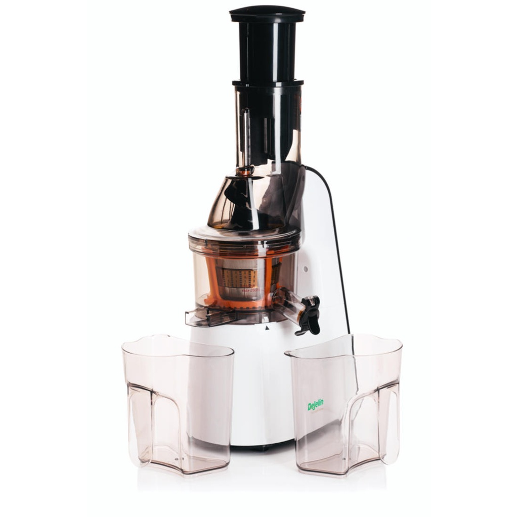 DEJELIN EXTRACTEUR DE JUS BLANC VERTICAL ROTATION LENTE 60 TOURS MINUTE - OUVERTURE 7.5CM - 3 TAMIS - DSLJ100B