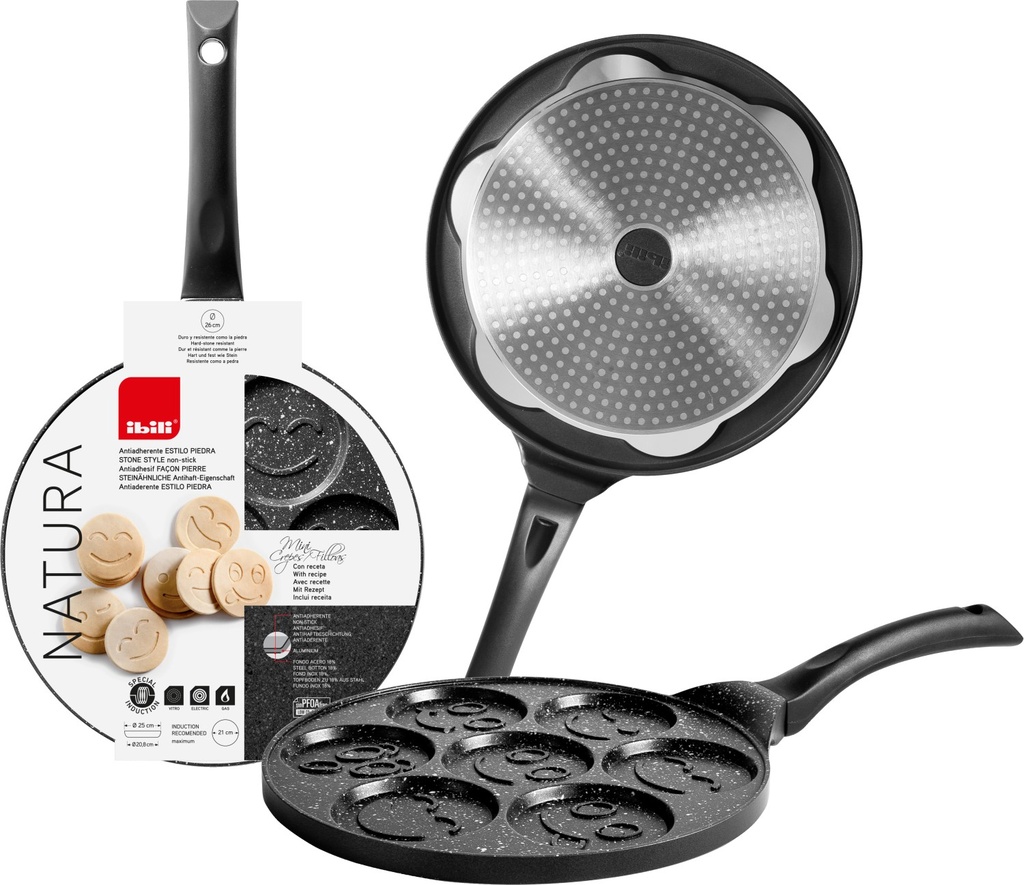 IBILI NATURA POELE 26CM-7 MINI CREPES 8CM DIVERS DECORS ANTI-AD. PIERRE TOUS FEUX