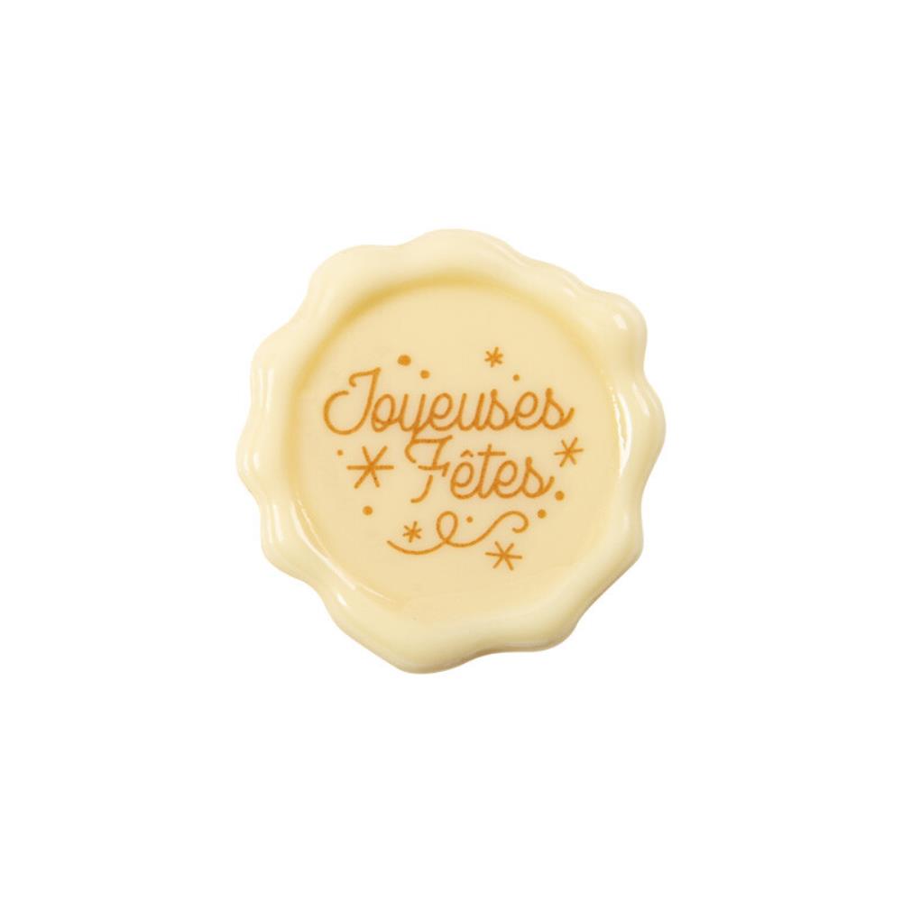 2015813 JOYEUSES FETES POSTZEGEL WITTE CHOCOLADE 38MM 120 STUKS