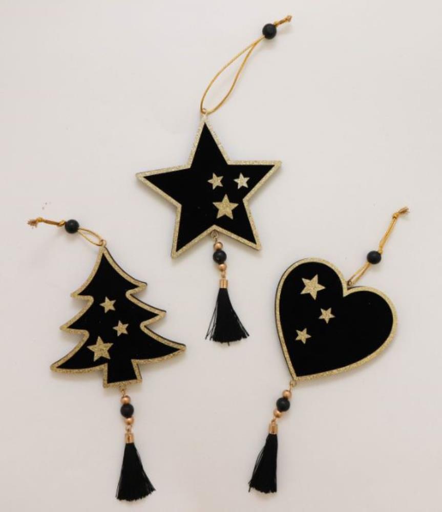STAR HEART TREE HANGING BLACK GOLD 19CM ASSORTED