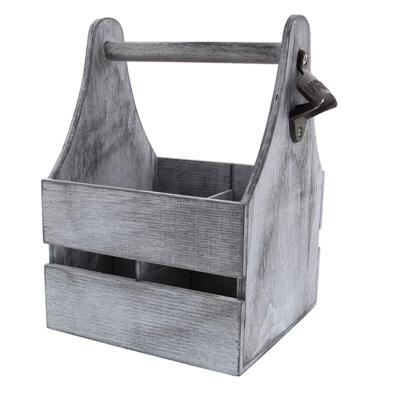 SQUARE BOTTLE HOLDER FOR 4 BOTTLES WHITE/GREY EMPTY WITH BOTTLE OPENER 18X18XHT27