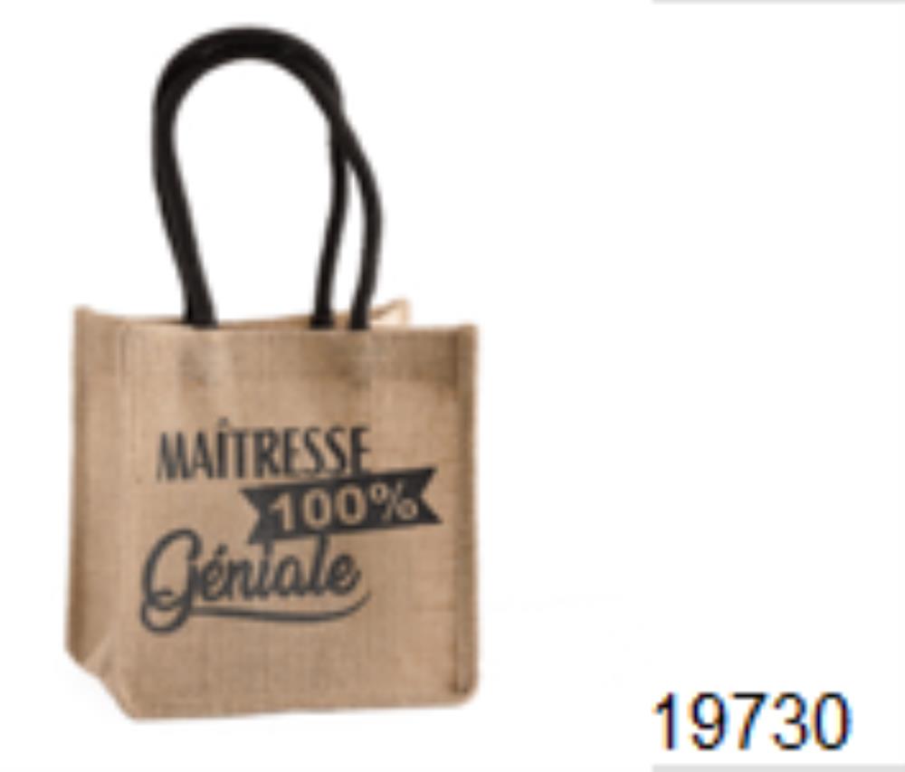 SAC JUTE "MAITRESSE 100 GENIALE" AVEC ANSES 20X15XHT20CM