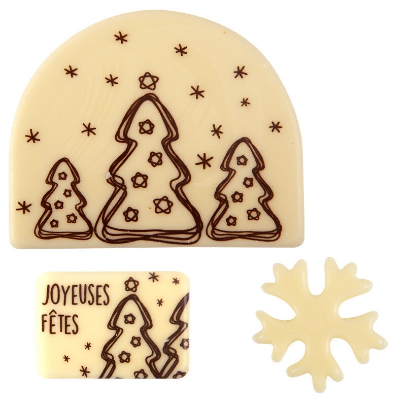 15702 KIT DECORS CHOCOLAT 1 BUCHE JOYEUSES FÊTES SAPIN CHOCOLAT BLANC
