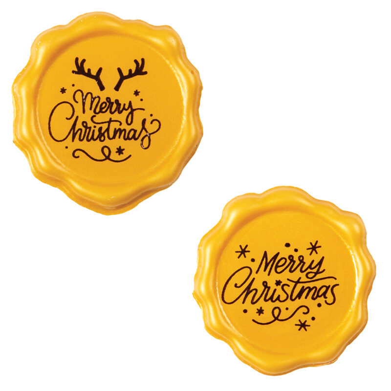 2015447 MERRY CHRISTMAS POSTZEGEL GOUD WITTE CHOCOLADE 38MM 120 STUKS