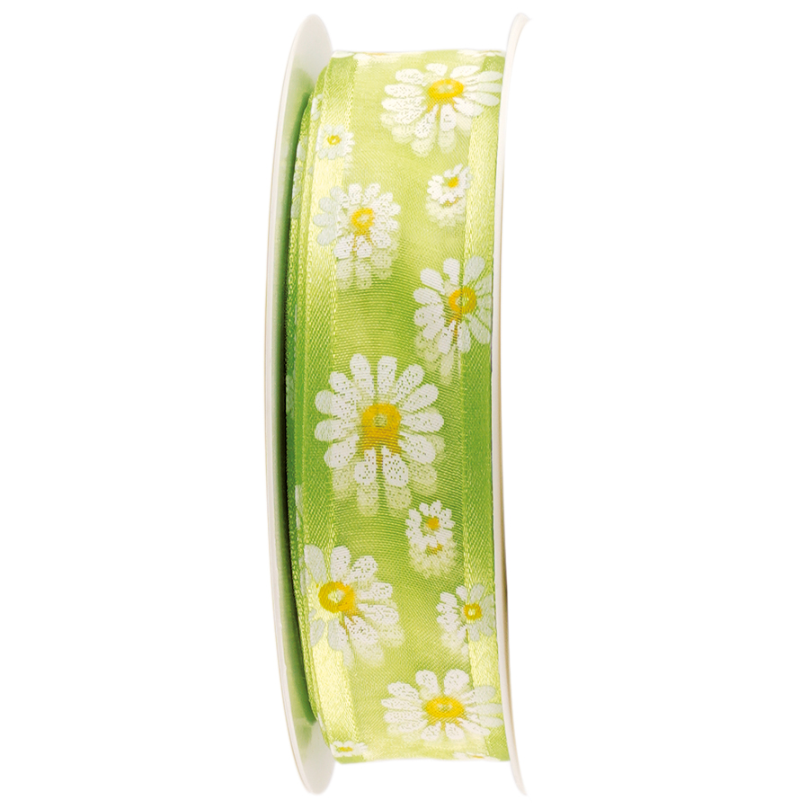 RUBAN VOILE VERT FLEURS 25MMX25M