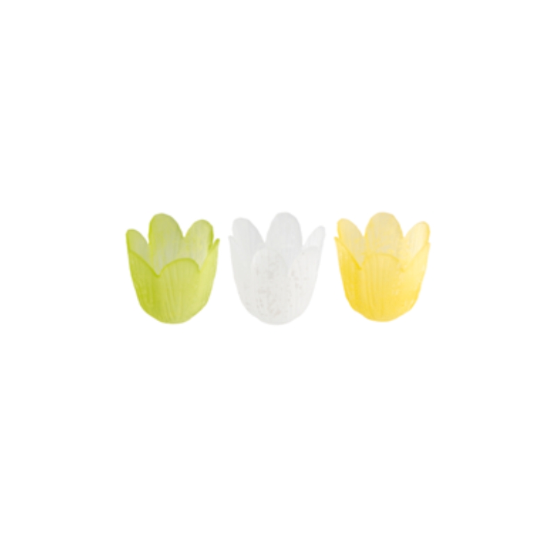 PHOTOPHORE TULIPE PASTEL GIVRE BLANC/JAUNE/VERT Ø8CM H7,5CM 3 ASSORTIMENTS