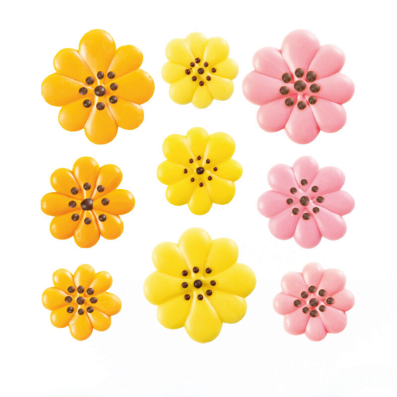 1034375 PINK/YELLOW/ORANGE FLOWERS Ø 25-30-35MM IN CHOCOLATE 162 PCES ***ON ORDER***