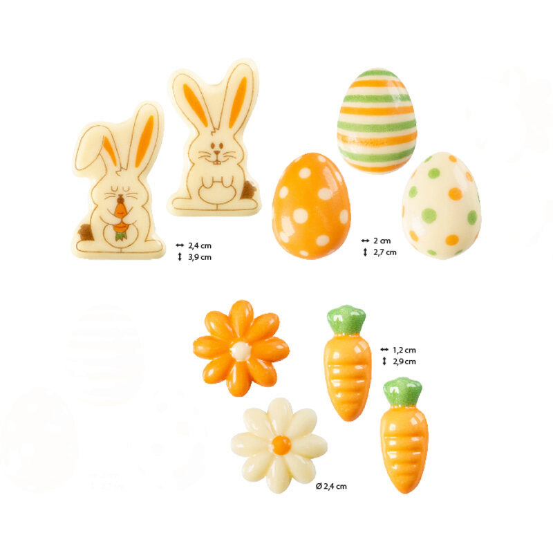 2069136 EASTER DECOR ASSORTMENT RABBITS/EGGS/FLOWERS/CARROTS WHITE CHOCOLATE 180 SETS PCES