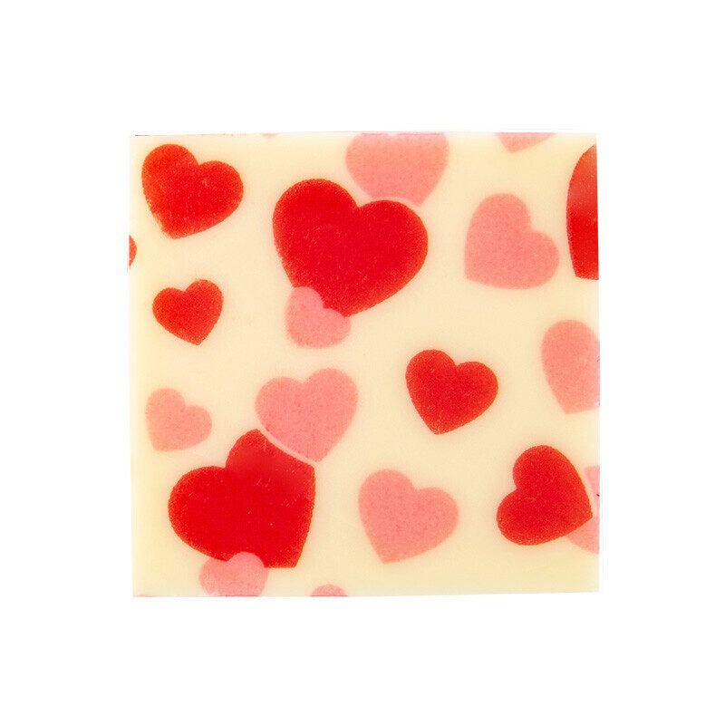 2068046 ROOD/ROZE VIERKANT HARTBLOK 3CM WITTE CHOCOLADE 220 STUKS ***OP BESTELLING***