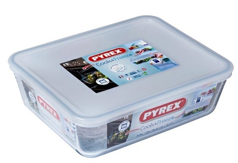 PYREX COOK&FREEZ RECHTHOEKIGE SCHAAL 25X20XH8CM 2.60L MET BOROSILICATE DEKSEL -40+300°