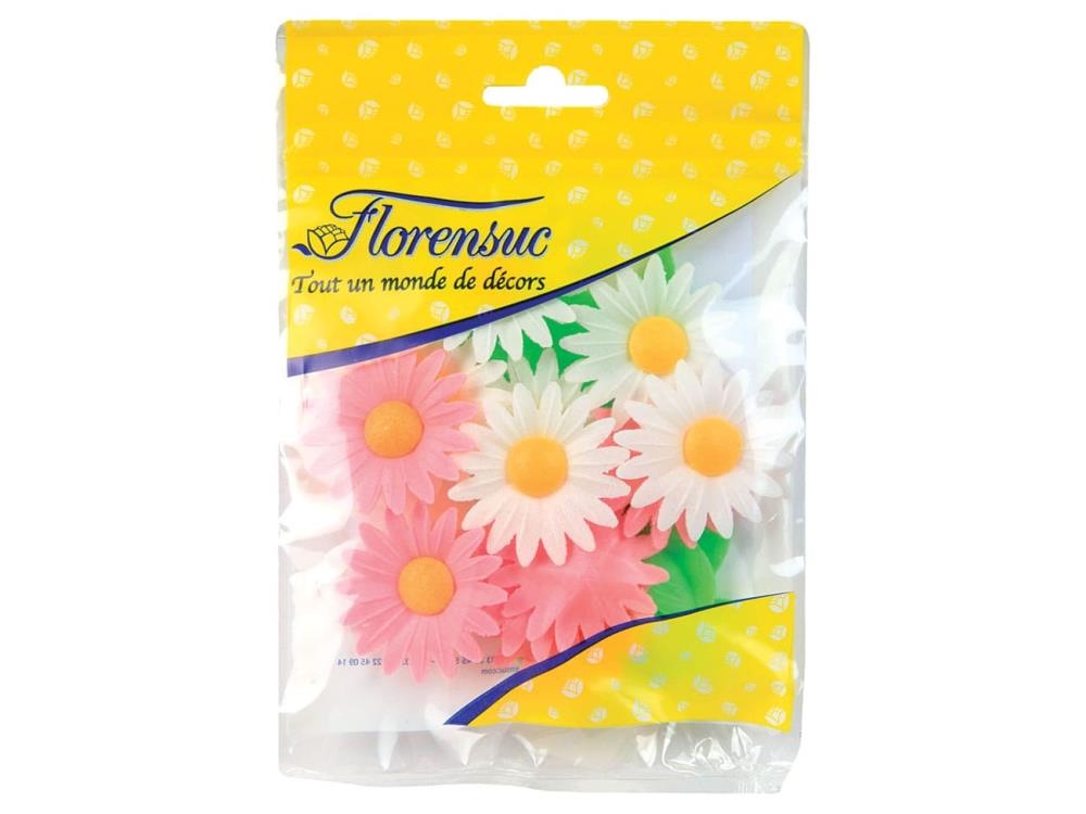 NBM05 SACHET MARGUERITE ROSES ET BLANCHES 45MM 12 FLEURS + FEUILLES