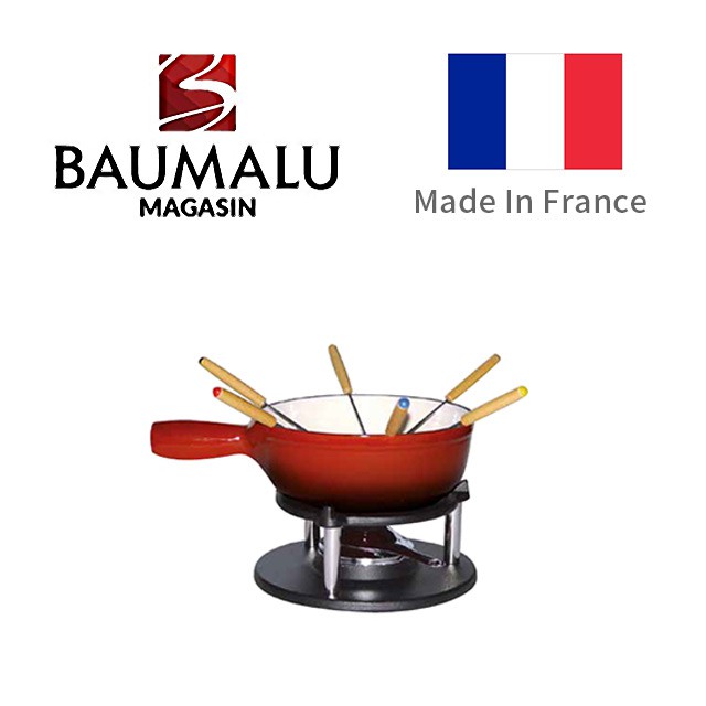 BAUMALU SAVOYARD FONDUE ROOD GIETIJZER 24XH9CM CAQUELON MET HANDVAT - 8 TOT 10 STUKS