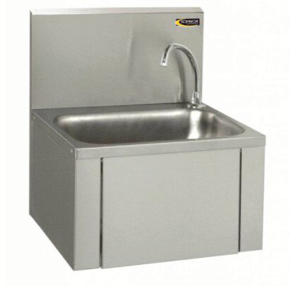 KNEE CONTROL HAND WASH BASIN 460X380X524 STAINLESS STEEL RECTANGULAR TUB - WITH BACKSPLASH