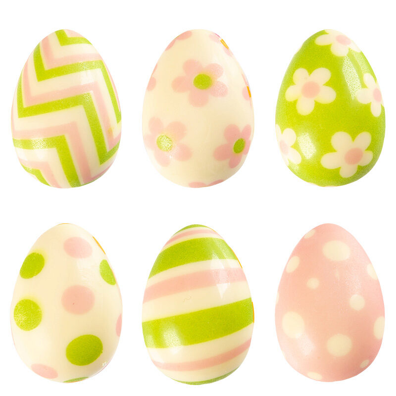2069103 3D EGGS PATTERNED GREEN/PINK ASSORTED 38X24MM 5 WHITE CHOCOLATE ASSORTED 96 PCES ***S/CDE***
