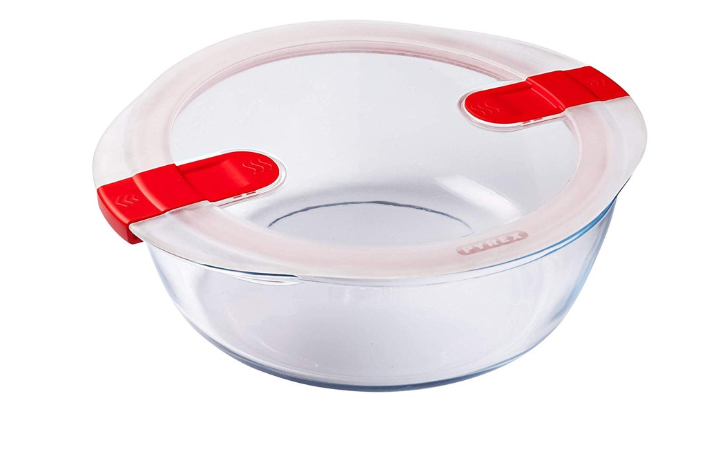PYREX COOK&HEAT ROUND DISH 26X23XH8CM 2.30L W/LID 2 STEAM VALVES-BOROSILICATE -40+300°