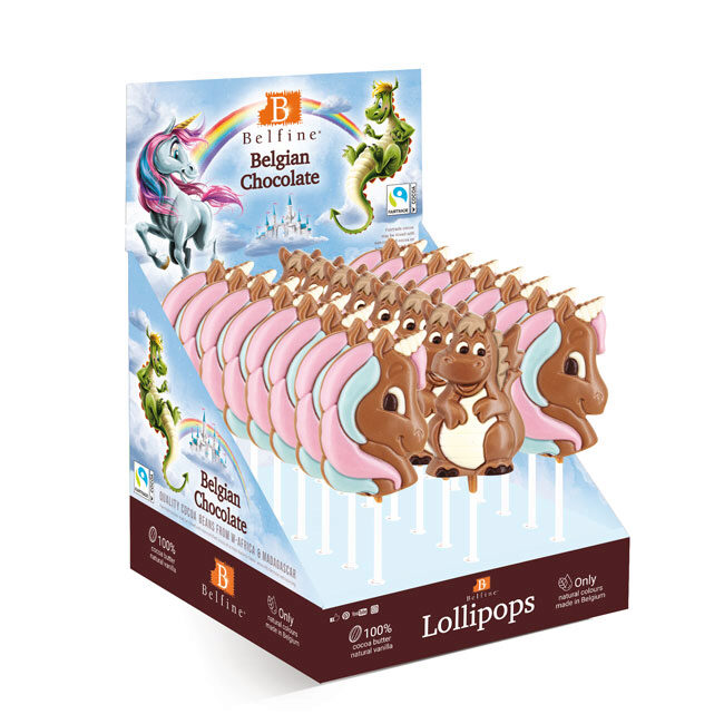 SUCETTES EN CHOCOLAT 16 X LICORNE IMANE ET 8 X  DRAGONS ELIOT LAIT COLORE 24 X 25GR