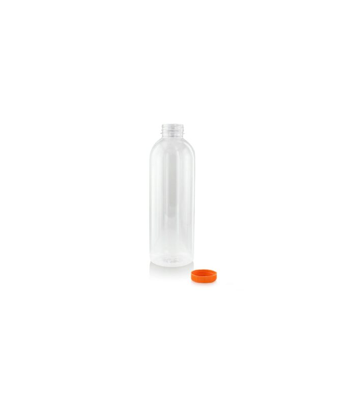 BOUTEILLE PLASTIQUE RONDE 1000ML AVEC BOUCHON ORANGE 38MM  -- 57 PCS  ***S/CD***