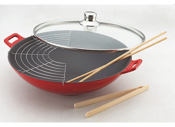 BAUMALU WOK FONTE 36CM ROUGE A/COUVERCLE VERRE **14/11**