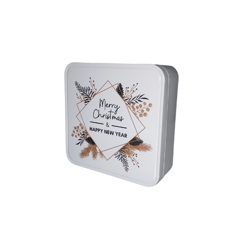 BOITE CARREE BLANCHE MERRY CHRISTMAS & HAPPY NEW YEAR 13,2X13,2XH4,5CM