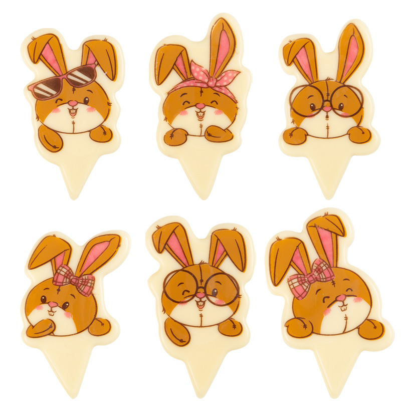 2069138 FUNNY RABBIT BADGE TO PICK 45MM CHOCOLATE 60 PCES