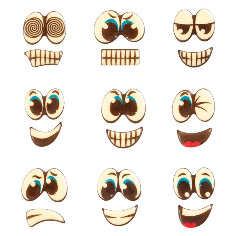 2034786 ASSORTIMENT OGEN EN MOND IN GESMOLTEN CHOCOLADE 3,5X3CM 90 STUKS