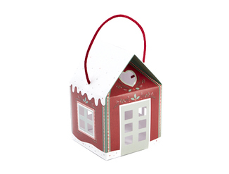 BOITE CARTON MAISON ROUGE ET BLANC AVEC CORDE 12X12XH12/17CM