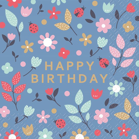 STEWO SERVIETTE 33X33CM BLEU HAPPY BIRTHDAY AVEC FLEURS PAQUET DE 20PCES