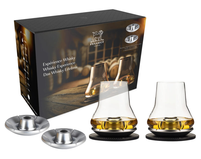 PEUGEOT WHISKY EXPERIENCE CADEAUSET 2 GLAZEN + 4 CHROOMKOELONDERSTELLEN