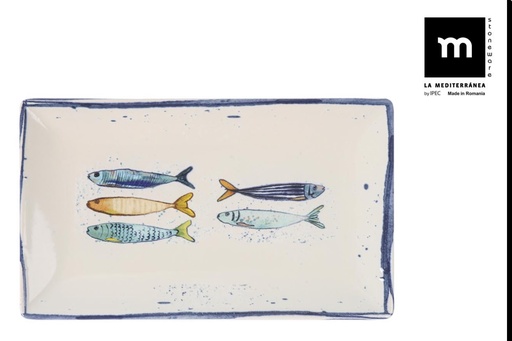 [00068521] ELITE PLATE 25X15CM sardines BEIGE/BLUE STONEWARE