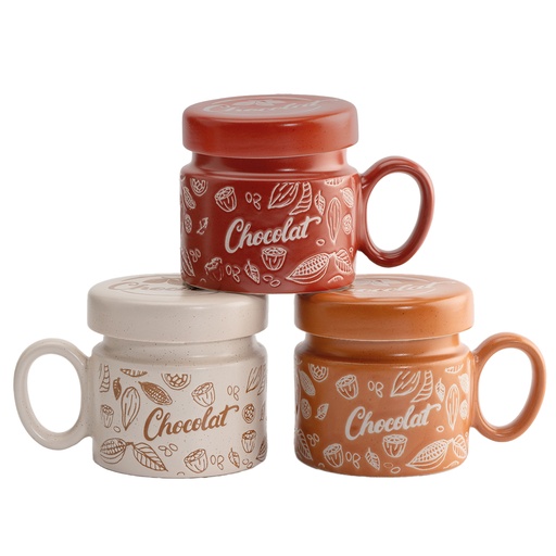 [00070680] TASSE AVEC COUVERCLE "CHOCOLAT" BEIGE/TERRACOTTA 3ASS Ø9CM H9CM
