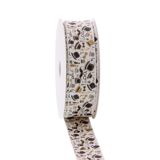 [00074083] RUBAN LAITONNE BLANC A MOTIF "PAPA GENTLEMAN" 25MM X 20M  