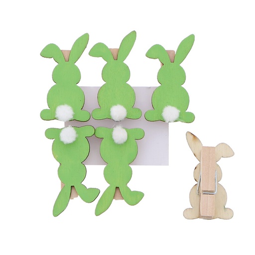 [00074521] GROENE HOUTEN KLEM "FLUFFY" KONIJN MET POMPOM 6ST 25 x 15MM H45MM