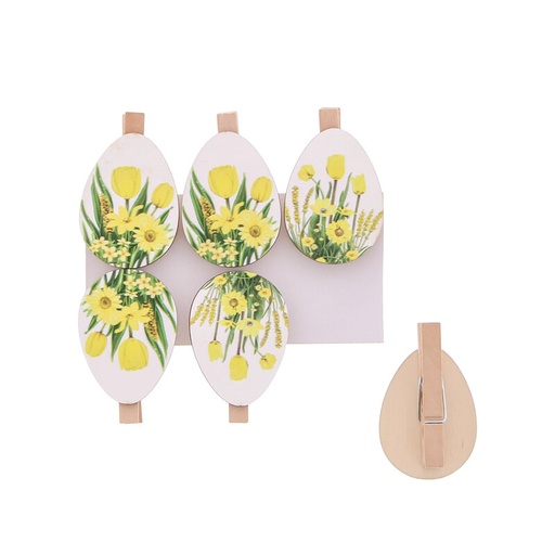 [00074522] PINCE EN BOIS OEUF BLANC/JAUNE "BOUQUET" 6PCES 33 x 12MM HT 50MM
