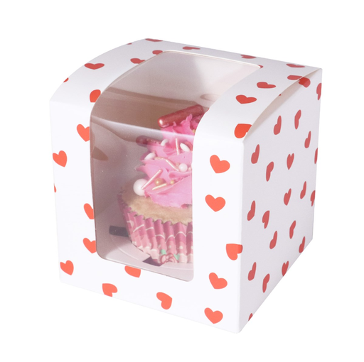 [00075295] WHITE CUPCAKE BOX WITH RED HEARTS 12.5 x 8.7CM PACK OF 4 PCS